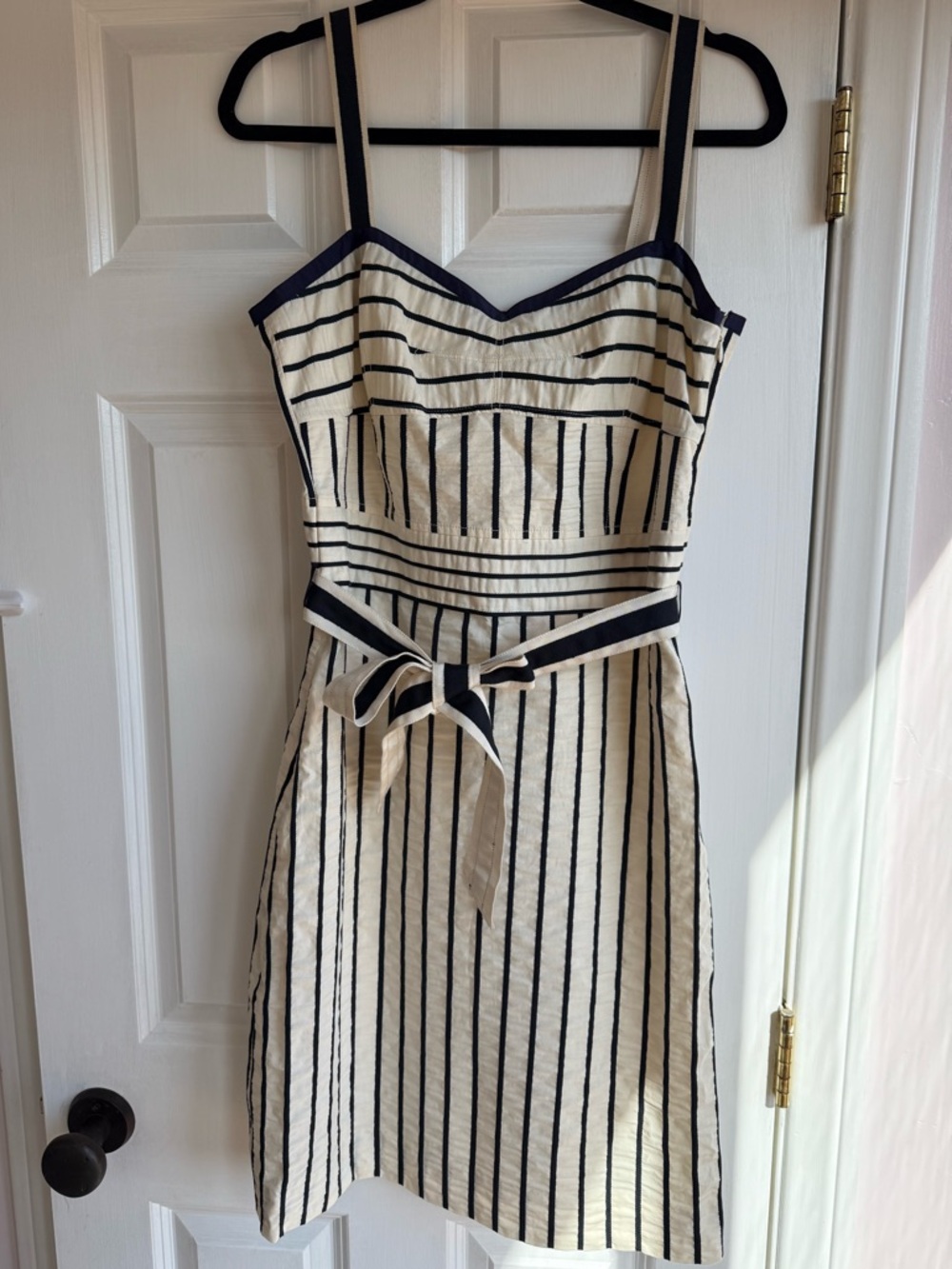 Tory Burch Cream and Navy Striped Belted Midi Dress